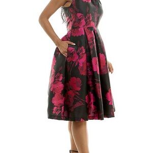 Maison Tara Pink Pleated Midi Dress Fit and Flare with pockets